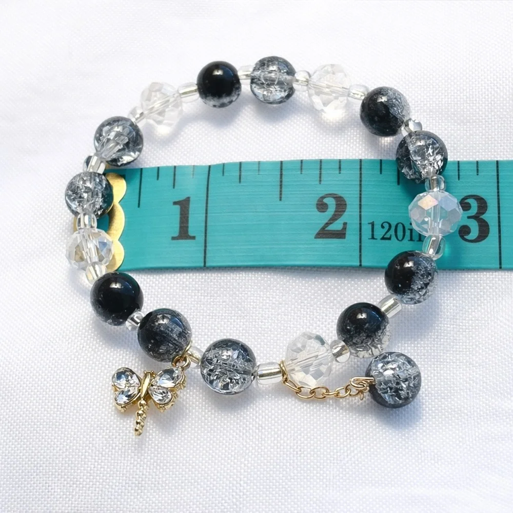 Set of 3 Glass Bead Stretch Bracelets Black Clear Crystal Butterfly